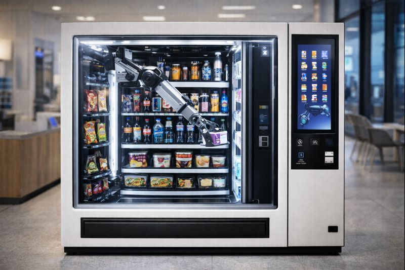 Automatiserad butiksautomat med robotarm för självbetjäning dygnet runt