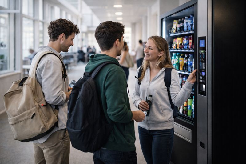 Studenter vid dryckesautomat i universitetskorridoren mellan föreläsningar