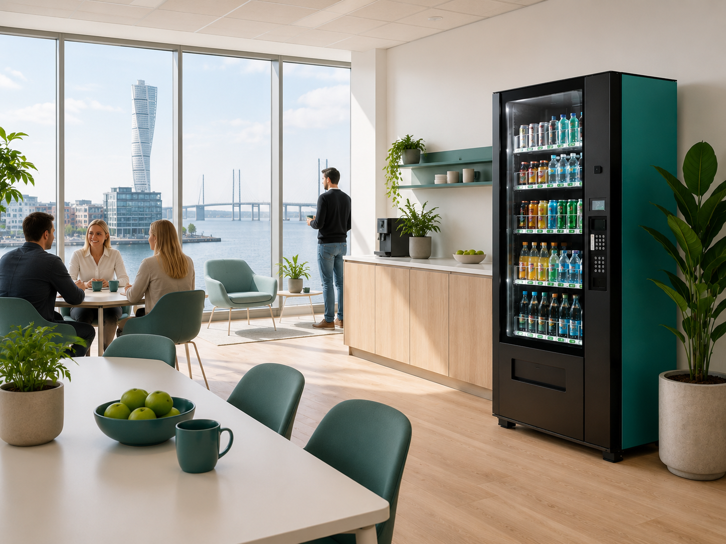 Modern dryckesautomat i ett ljust Malmökontor