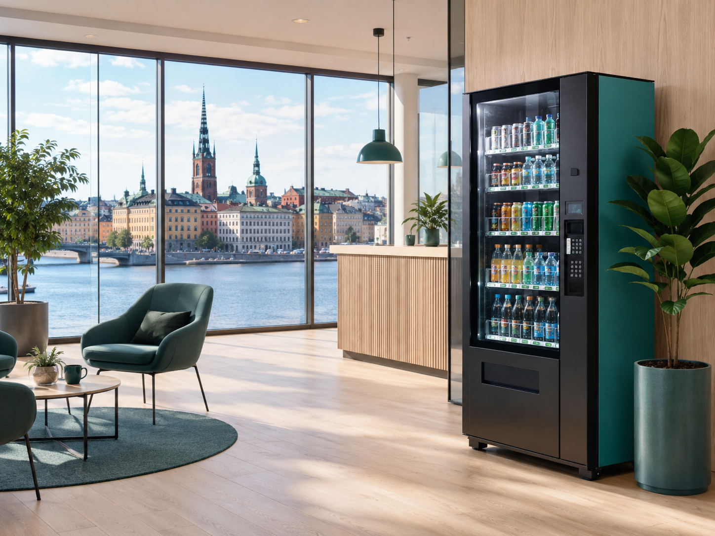 Modern dryckesautomat i ett ljust Stockholmskontor med utsikt över staden