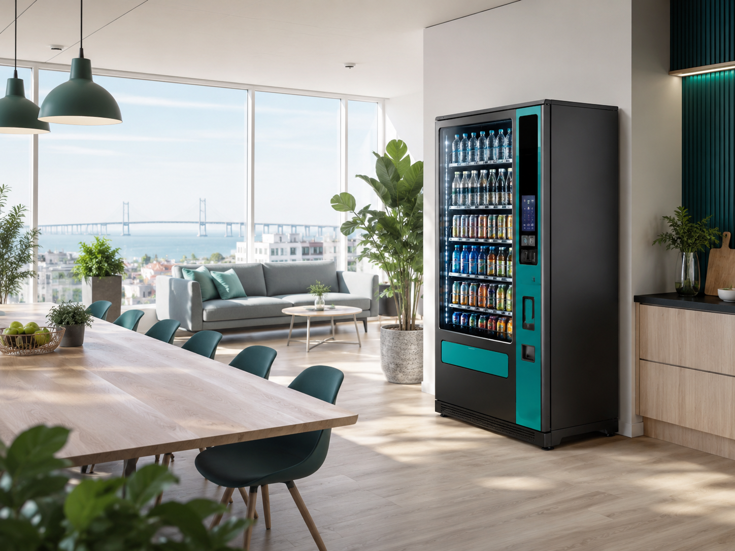 Modern dryckesautomat i ett livligt coworking space