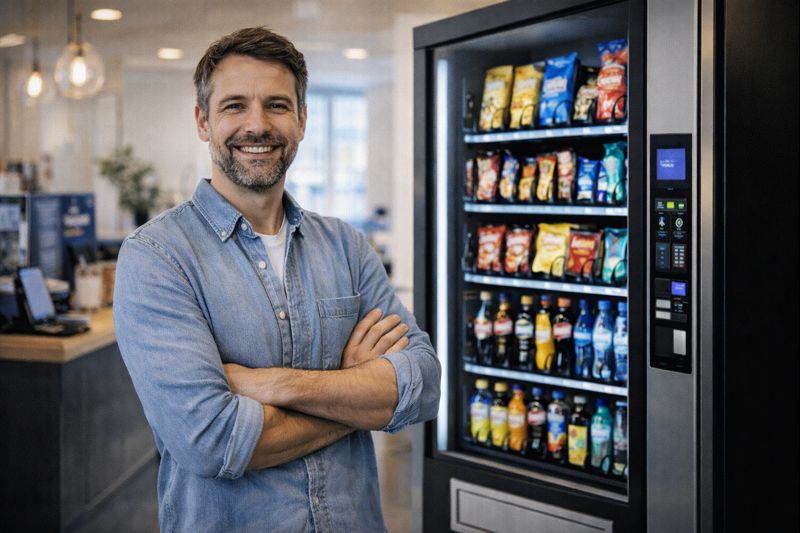 Stolt företagare vid sin nyinstallerade dryckesautomat på kontoret