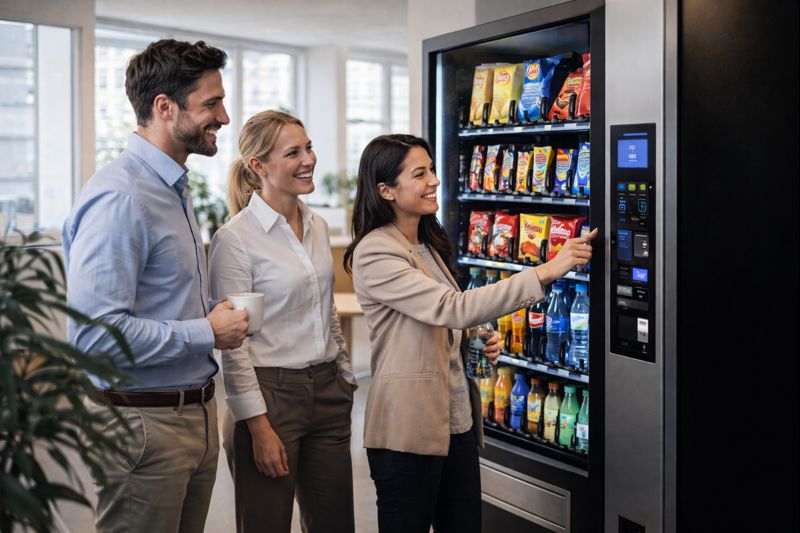 Kontorsanställda tar fika vid dryckesautomat i modernt svenskt kontorslandskap