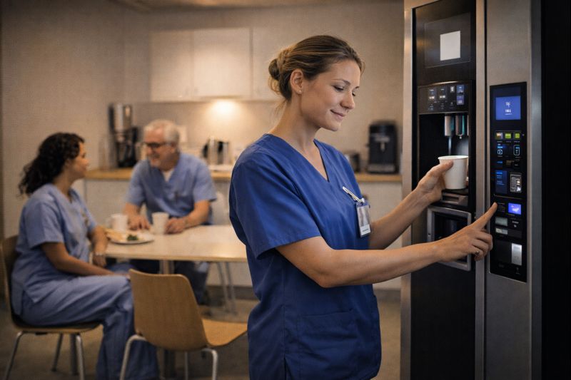 Sjukvårdspersonal tar en fikapaus vid kaffemaskin i pausrummet