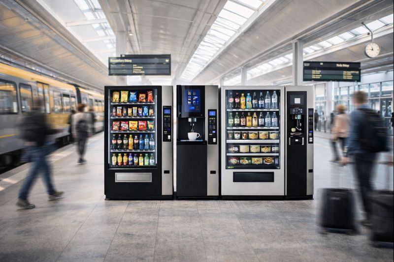 Resenärer vid moderna dryckesautomater i skandinavisk tågstation